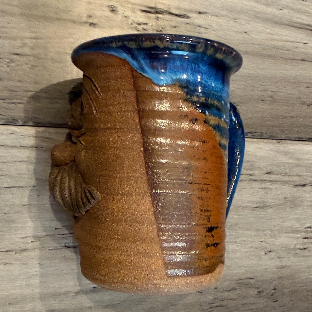 Vintage Handcrafted Brown Ceramic Character Mug with Blue Accent - Picture 6 of 10